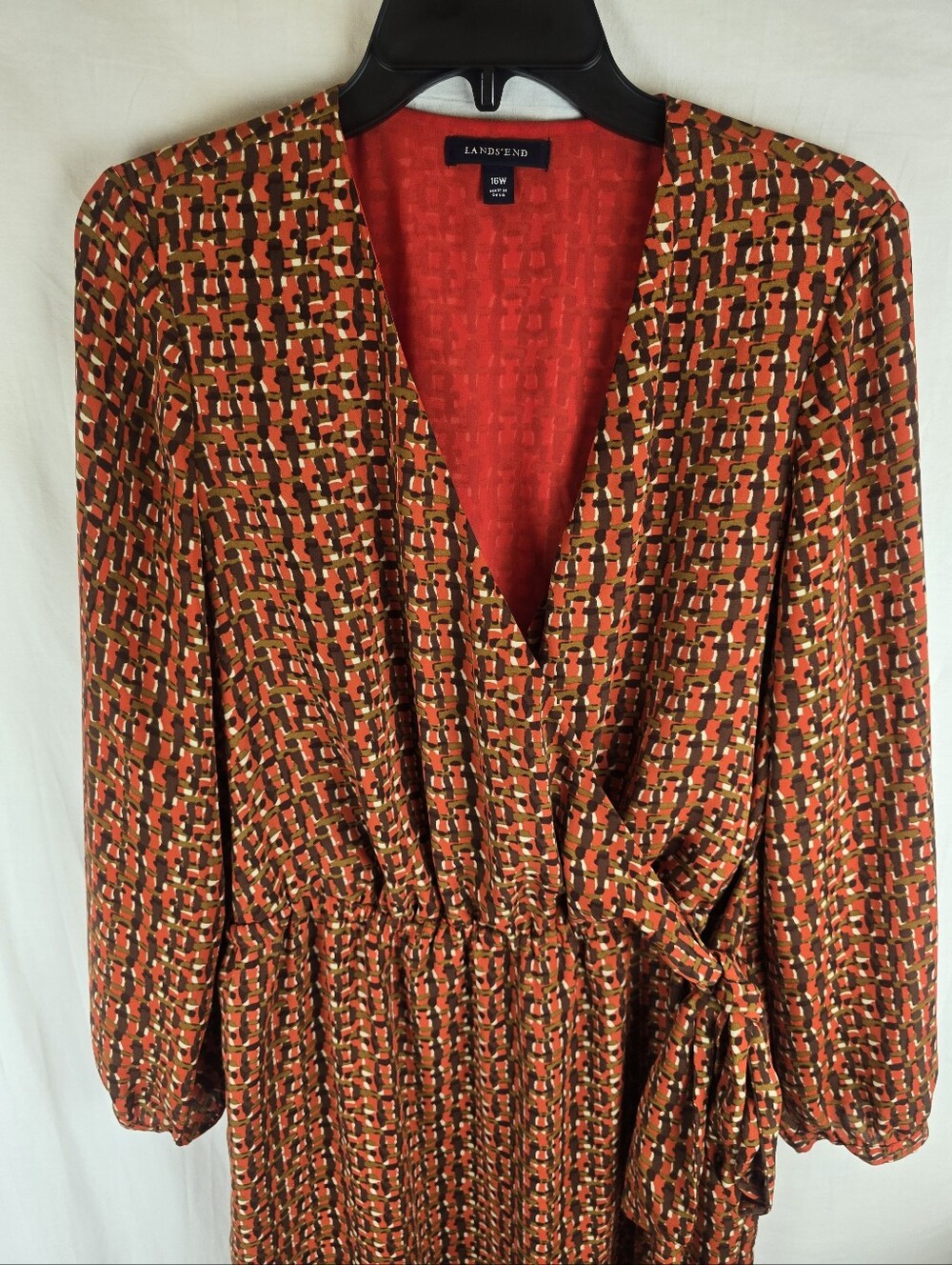 Lands End Orange Multi-Color Long Sleeve Wrap Dress Sz 16W - Picture 2 of 10